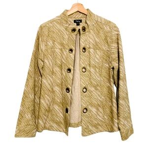 Analogy Tan & Sage Patterned Stretch Blazer Jacket Antique Brass Grommets Large